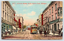 Postcard 1912 Jefferson Ave North Battle Creek Michigan Street Scene Trolley A16 picture