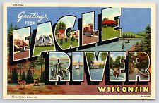 Eagle River Wisconsin~Deer~Fishing~Main Street~Large Letter Linen Postcard picture