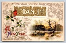 Embossed Winsch 1910 Gilt Happy New Year PC Robin Holly Snowy Winter Lake Inset picture