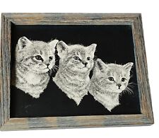 3 LITTLE KITTENS ETCHING SIGNED CHAPLAN FRAME BARN WOOD CHIC 1970s CAT KITTY ART picture