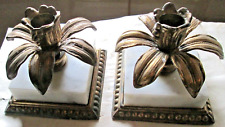 VINTAGE PAIR BRASS HOLLYWOOD REGENCY #310 CANDLE HOLDERS , MARBLE BASE, USED picture