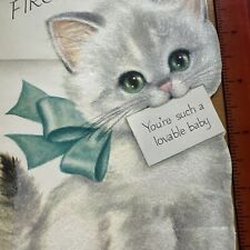 Vtg Birthday Card Kitten Diecut White Flocked Green Eyes Blue Ribbon First 1 picture