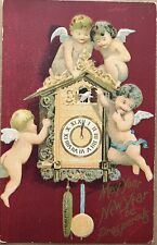 New Year Cherub Angels on Cuckoo Clock Embossed Antique Postcard c1910 picture