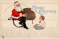 Merry Christmas Postcard Santa Claus sitting cross legged boy child Poem c1920s picture