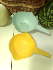 Lot of 2 Vintage Yellow and Aqua  Tupperware Strainer Colanders  - 1 & 2 Qt. picture