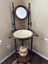 Antique 1879 Victorian English Wash Basin and Pitcher with Wood Stand and Mirror picture