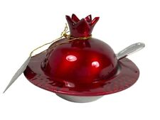 Art Judaica Honey Dish Aluminum Pomegranate with Spoon Red Enameled picture