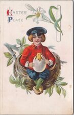 Vintage EASTER Greetings Postcard Dutch Boy with Hatching Baby Chick BS - 1919 picture