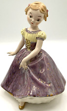 Vintage 7.25” Porcelain Figurine Girl with Curls Purple Dress Dancing Delicate picture