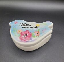 Bird Shaped Lidded Trinket Box Bless Our Nest on Lid Ceramic Porcelain Vintage picture