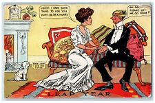 1908 Leap Year Man Cheating Cute Dog Fireplace Clock Posted Antique Postcard picture