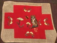 Vintage Needlepoint brick cover, completed, owls, mushrooms, butterfly picture