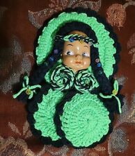 Vtg Indian Girl Plastic Head Hanging Potholders 1960s Green Black Kitsch  picture