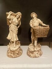 Pair Of Vintage Marwal Chalkware Sculptures Peasant Man & Women 18” Tall picture