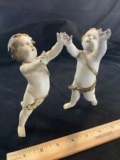 Vintage Pair of Painted Or Enameled Bronze Brass Cherubs 7x3” Solid Heavy Unique picture