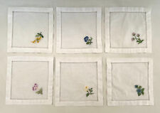 SET OF 6 TWO'S COMPANY COCKTAIL NAPKINS FLOWER HEMSTITCH HAND EMBROIDERED COTTON picture