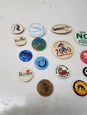  Vintage Lot of 17 Pin Back Buttons & a dept store wooden nickle whale etc  picture