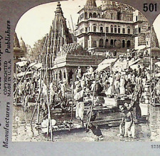 Ganges Bathing Benares Temple India Photograph Keystone Stereoview Card picture