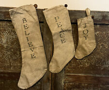 3 Grubby Primitive Tea Stained Christmas stockings w Bells Peace Believe Joy picture