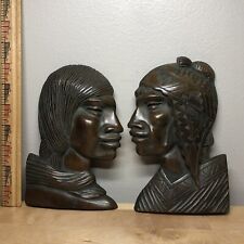 Wood Carved Pair Bolivian Peru Incan Man & Woman Heads Couple Signed Silva 7” picture