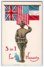 c1910's Military Soldier Salute 3 In 1 Flags For Humanity WWI Wall Postcard picture