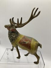 Vintage MCM Brass Etched & Painted Reindeer Stag Elk Red Black Yellow 6.75