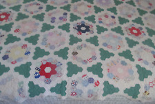 Little Loved~Vintage GRANDMOTHERS FLOWER GARDEN Quilt w/Green Triangles 72x76 picture