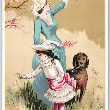 c1880s Cute Mother & Daughter & Dog Pick Flowers Domestic Sewing Trade Card C34 picture