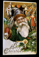 Green Robe Santa Claus with Doll~Drum ~Toys Antique Christmas Postcard~h854 picture