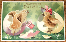 Vintage Postcard Felt Applique Chicks Hatch From Easter Eggs With Hat & Bonnet picture