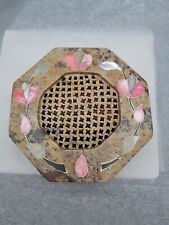 Vintage Soapstone Trinket Box MOP Floral Inlay Octagon Lattice 4