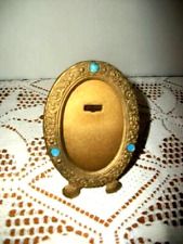 ANTIQUE BRONZED PICTURE FRAME CZECH GLASS JEWELED ENAMEL AQUA MARKED EASEL picture