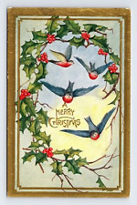 Postcard Blue & Red Birds Mistletoe Merry Christmas Embossed MC Smith picture