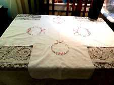 Handmade Vintage Tablecloth Cross Runner Linen Crochet Embroidered Florals picture