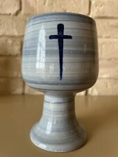 Lovely Religious Louisville Stoneware Blue Chalice/Goblet w/ Four Viking Crosses picture