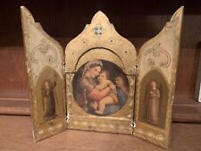 Vintage Antique Gold Raphael Madonna & Children Wood Triptych Tole Italy 7