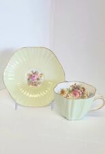 EB Foley Bone China Ribbed Teacup and Saucer Pastel Green, Floral Gold trim VTG picture