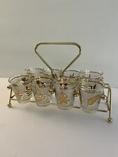 Vintage Mid-Century Golden Foliage Shot Glasses Serving Caddy Set of 8 MCM Bar picture