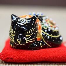 Beckoning Cat Ornament Kutani Ware Chibi Sleeping Black from Japan picture