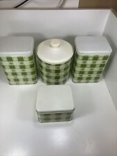 4 Vintage floral Green Plaid Cheinco Housewares Metal Tin Canister avocado picture