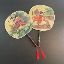 TWO Vintage Silk Asian Girls Women Hand Paddle Fans 14 x 9 inch  tassel bamboo picture
