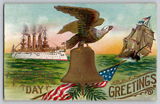 1908 Memorial Day Greetings Vintage Embossed Postcard Eagle Liberty Bell Ships picture
