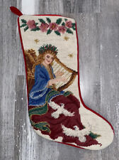 Wool Handmade Needlepoint Christmas Angel Velour Back 16” Xmas Stocking picture