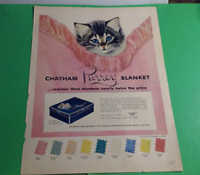 1953 Vintage Original Magazine Ad Chatham Blankets PURREY w/ Cutest Kitten Image picture