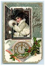 1908 New Year Greetings Girl In Window Warmer Clock Holly Tuck's  Postcard picture