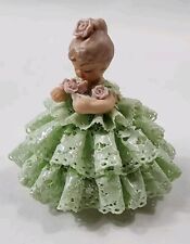 Vtg Dresden Lace Style Sweet Blonde  Girl Figurine Pink Roses Mint Green Dress picture