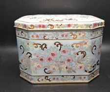 VINTAGE MEISTER FLORAL TEA TIN 5.5” TALL MARKED BRAZIL HINGED LID PINK GOLD picture