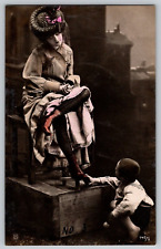 Antique Colored RPPC Postcard~ Fancy Woman & Little Shoe Shine Boy picture