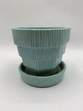 Vintage McCoy Aqua Blue Teal Basketweave 5” Tall Flower Pot Planter picture