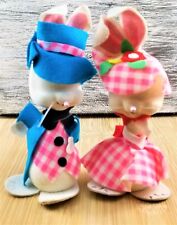 Vintage Felt Flocked Easter Parade Bunny Rabbit Couple Ornaments Japan Gingham picture